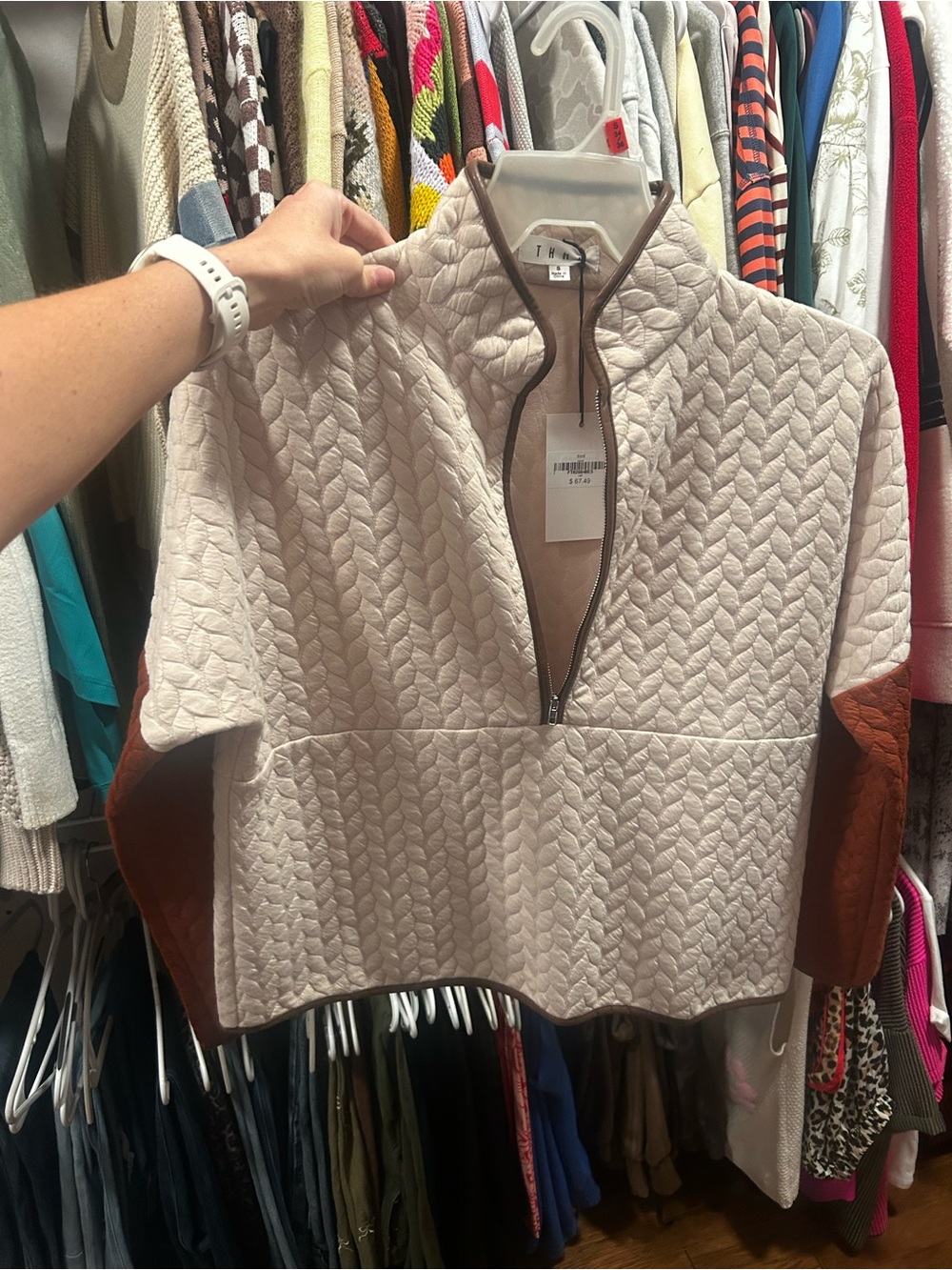 THML Cream Quilted Half-Zip Utility Jacket with Brown Accents